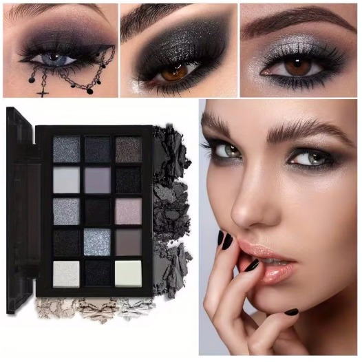 Paleta de Sombras Smokey 15 Colores – Estilo Punk con Brillos y Nacarados