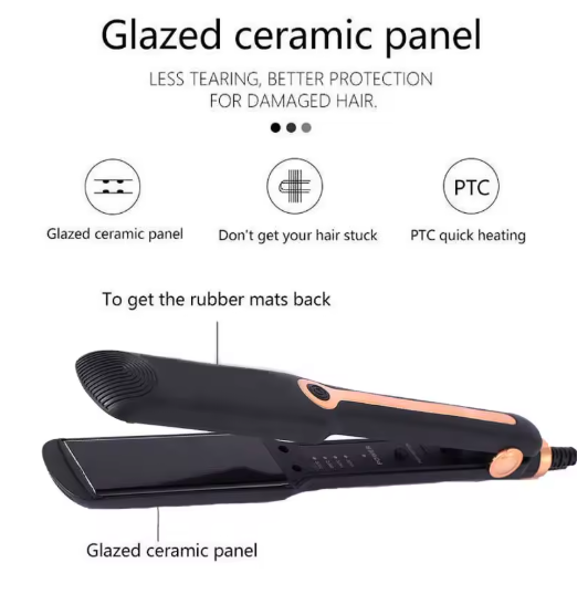 Plancha de Pelo Profesional de Cerámica – Iones Negativos, Placa Ancha, Temperatura Ajustable