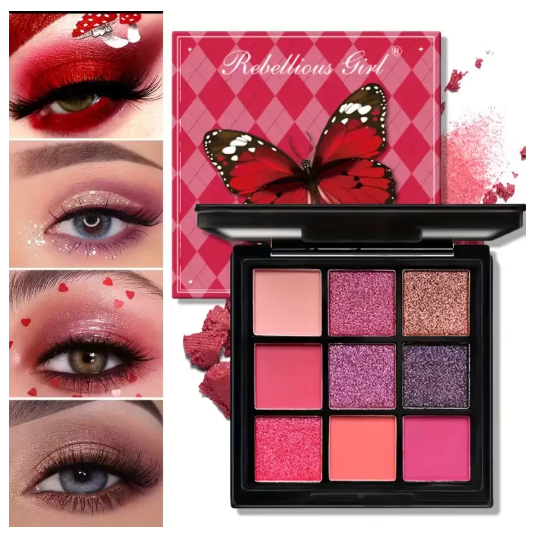 Paleta de Sombras de Ojos 9 Colores – Rojos, Violetas y Brillantes